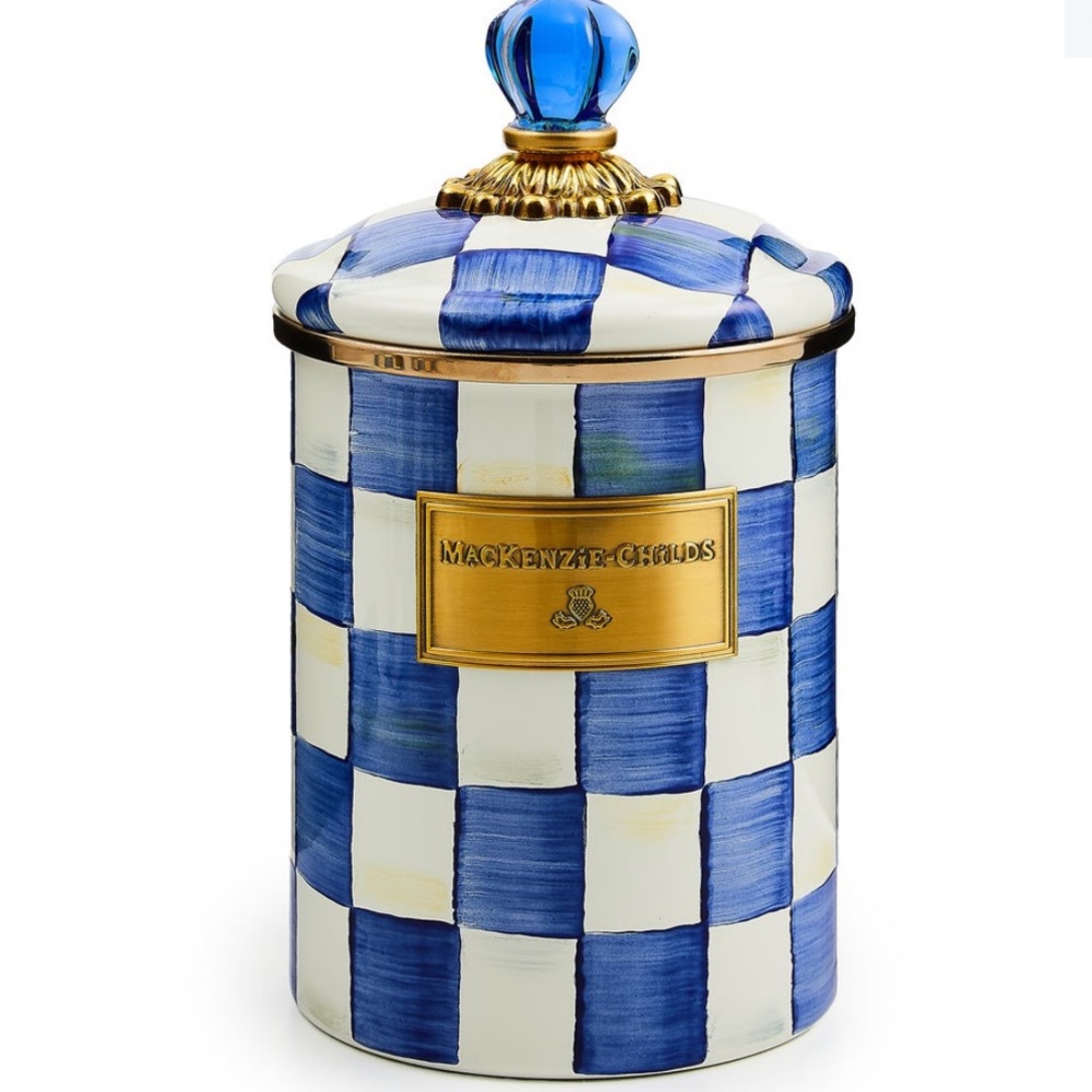 MacKenzie-Childs Royal NWOT Blue and White Medium Royal Check Canister